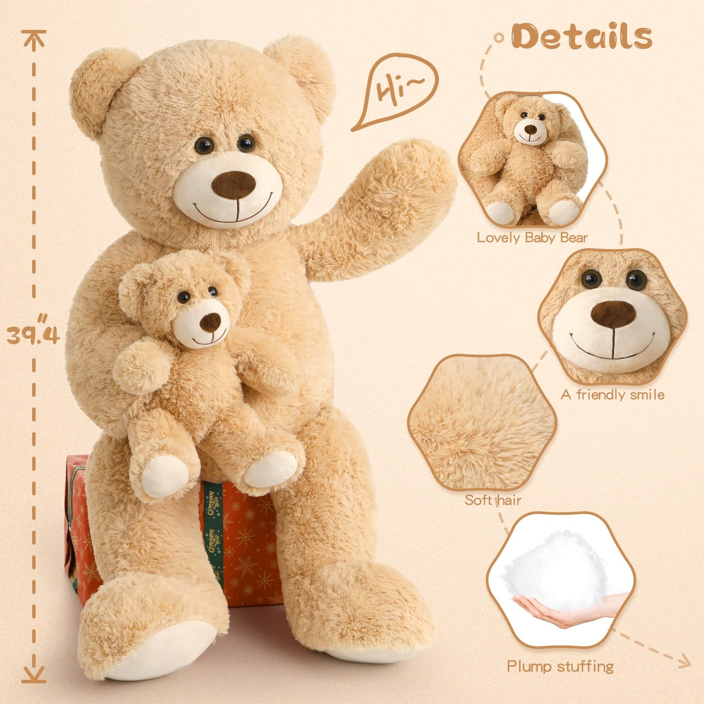 Tezituor Giant Teddy Bear Stuffed Animal 39In, Large Teddy Bear Mommy With Baby, Big Teddy Bear Stuffed Bear For Kids, Girlfriend On Mother'S Day, Valentine, Christmas, Baby Shower, Light Brown