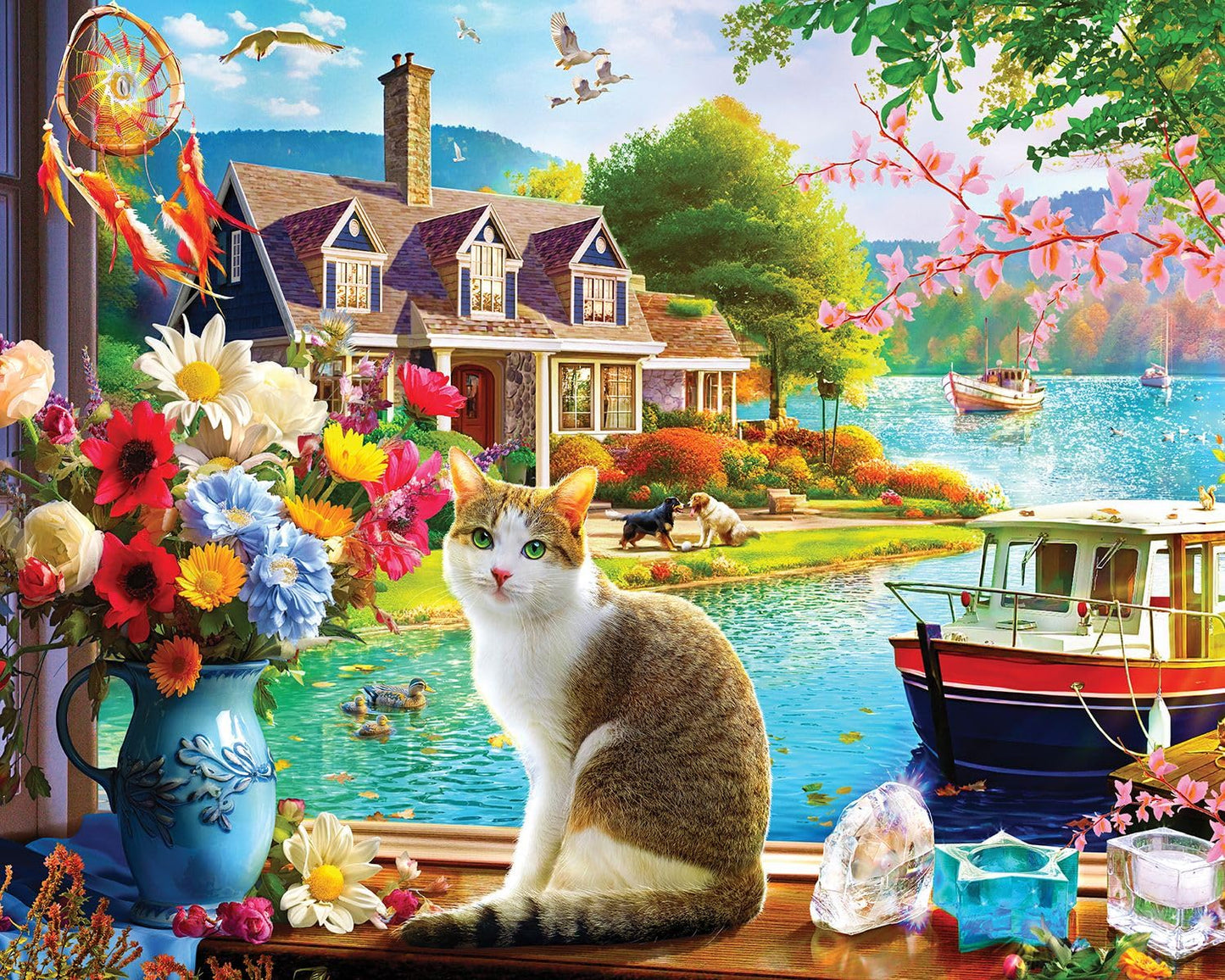Springbok Crisp Morning 1000 Piece Jigsaw Puzzle For Adults And Families - Features A Cat Enjoying A Lakeside View - Finished Si