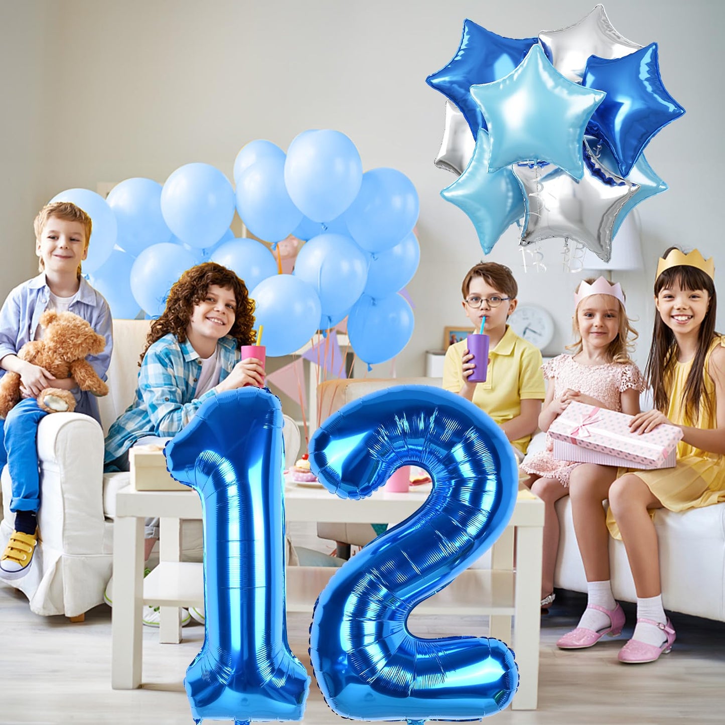 Royal Dark Blue Large Numbers Balloons 3, 40 Inch Self Inflating Light Baby Blue Helium 3 Balloon Decor, Silver Star Foil Mylar
