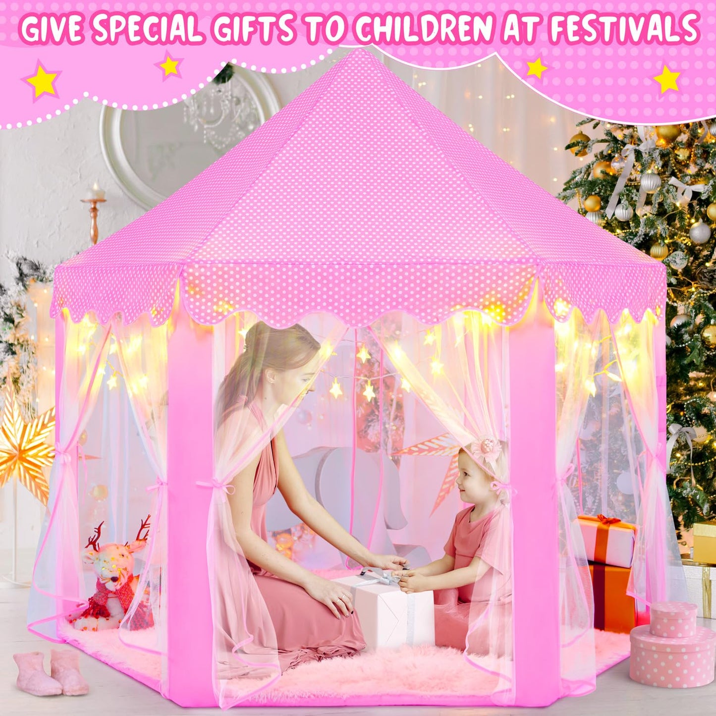 Kixinwa Pink Princess Tent For Girls, Kids Play Tent With Led Small Star Lights, Castle Playhouse Tent For Children Toddlers Ind
