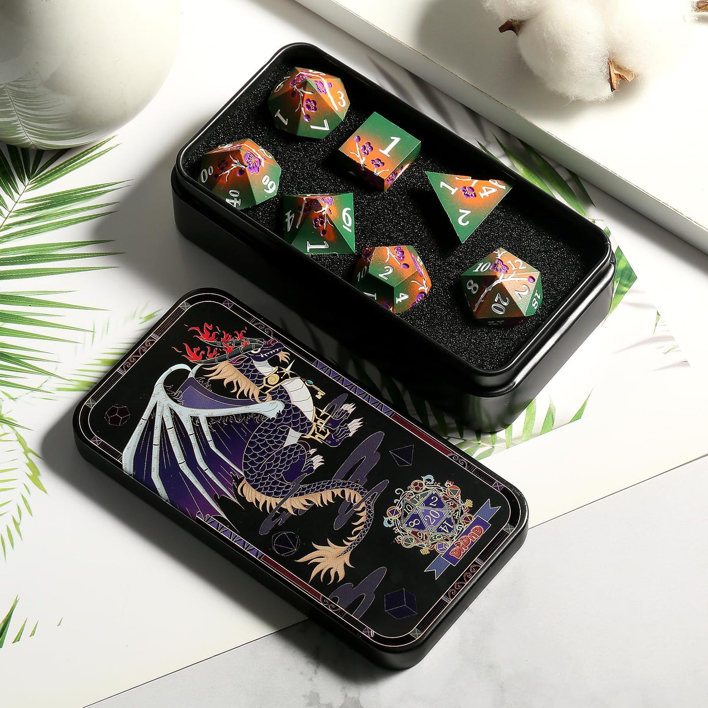 DNDND Metal Dice, 7 PCS Metallic Flowers D&D Dice with Gorgeous Gift Case for DND Dungeons and Dragon Tabletop Game (Army Green