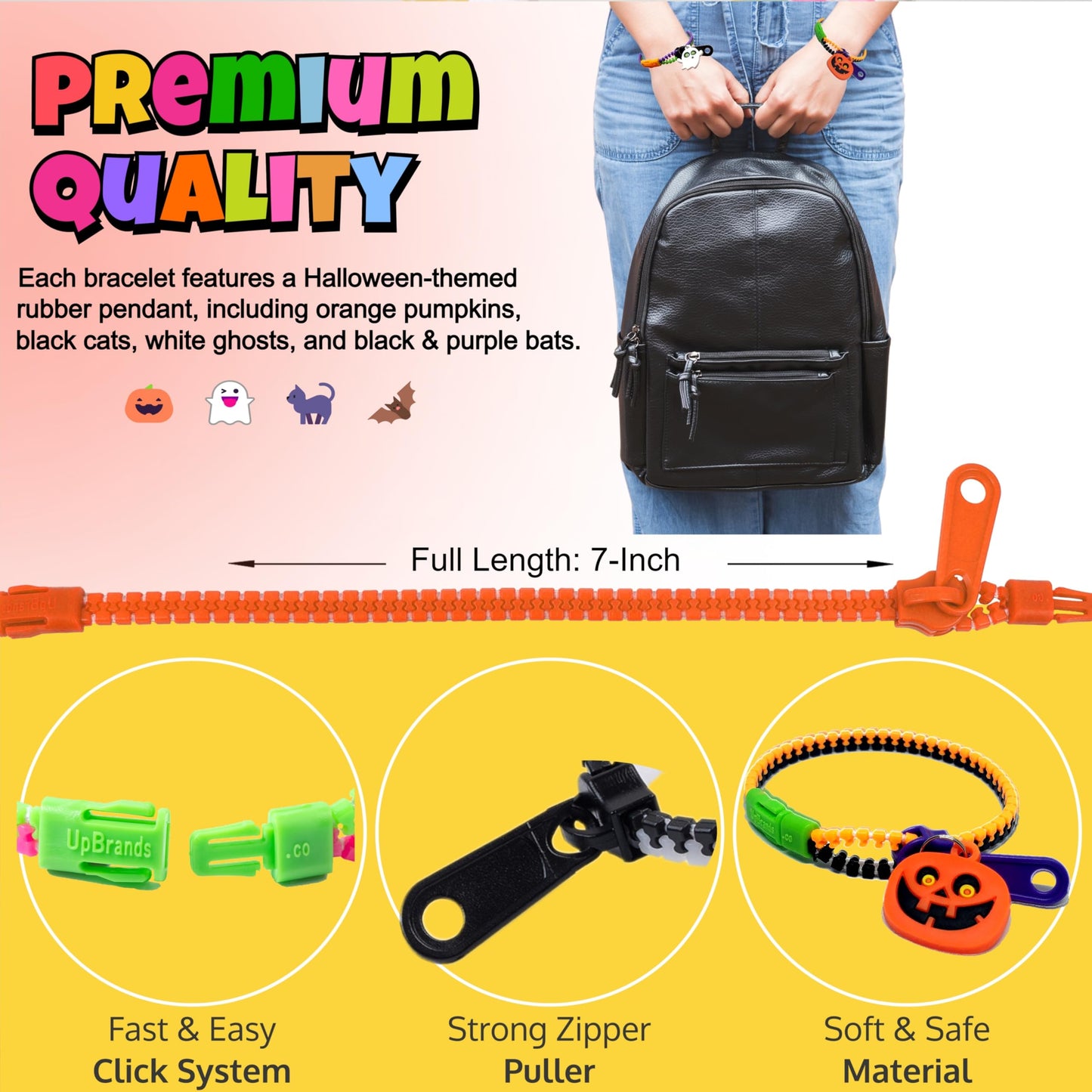 UpBrands 96 Pack Halloween Zipper Bracelets: Non-Candy Treats, Fidget Toys for Stress Relief, Ideal Party Favors & Gifts for Kid