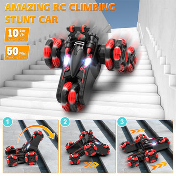 Eulogia Rc Stunt Car With Deformable Wheel Arm, 2 Rechargeable Batteries, Lights, 360 Rotation, One-Key Demo, 2.4Ghz All-Terrain