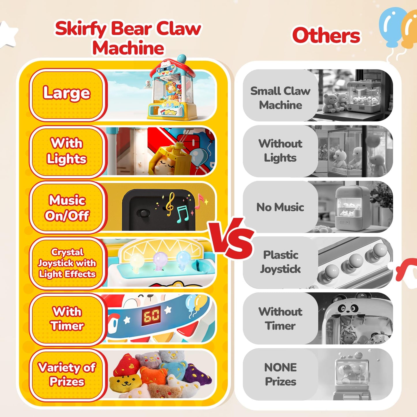 Skirfy Large Claw Machine for Kids with Prizes -19'' Bear Claw Machine, Kids Toy, Perfect for Parties, Mini Vending Arcade Game,