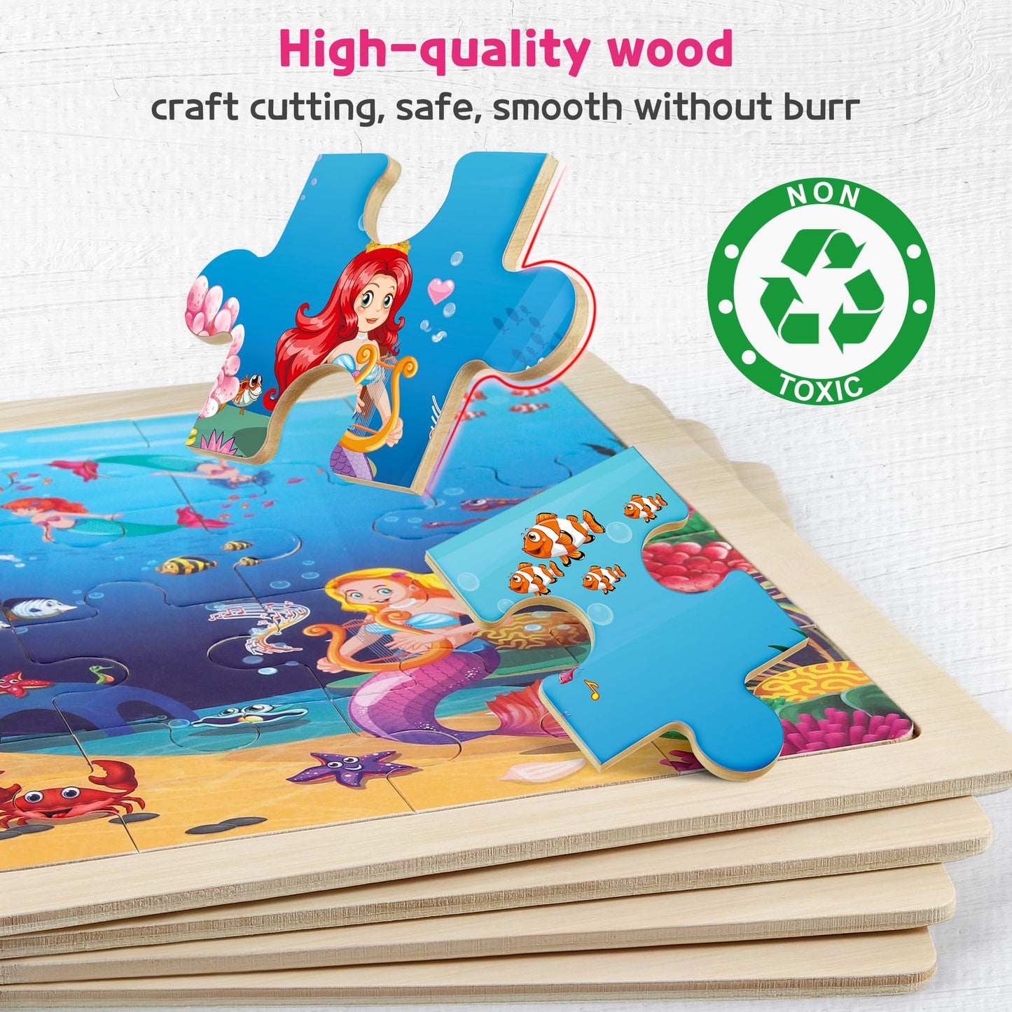 Synarry Large Unicorn Mermaid Princess Fairy Wooden Kids Puzzles 4 In 1 Gift Box(12.2*9.4 In) - Fsc Certified, Puzzles For Toddlers 3-5, Puzzles For Kids Ages 4-6, Toys Gifts For 3 4 5 Year Old Girls