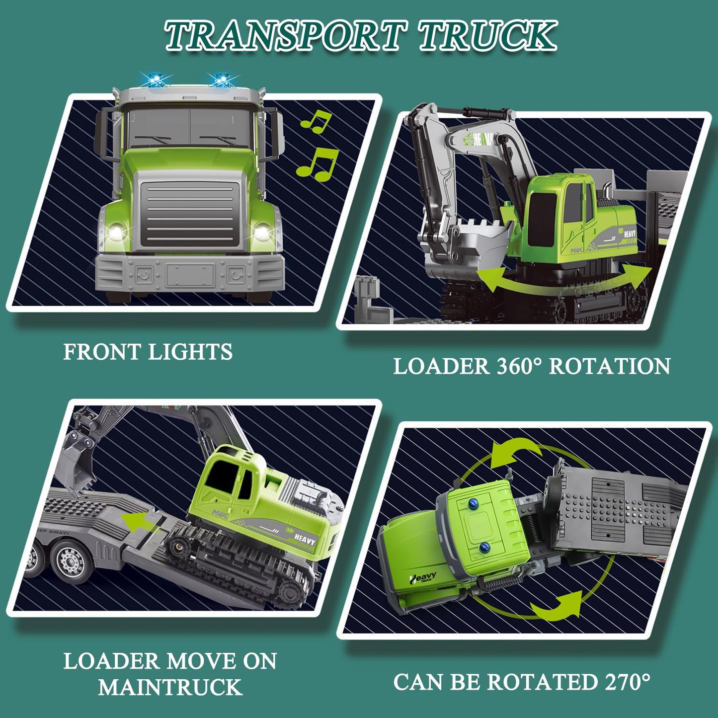 Fistone RC Semi Truck & Excavator Toy Set, 1:12 RC Semi-Trailer Truck with Sound and Lights, 2.4Ghz Remote Control Flatbed Truck