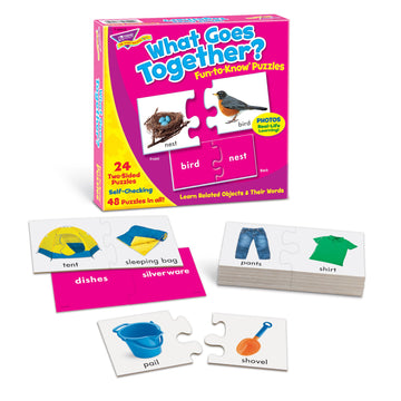 Trend Enterprises: Fun-To-Know Puzzles: What Goes Together?, Learn Related Objects & Their Words, 24 Two-Sided Puzzles, Self-Checking, 48 Puzzles Total, For Ages 3 And Up