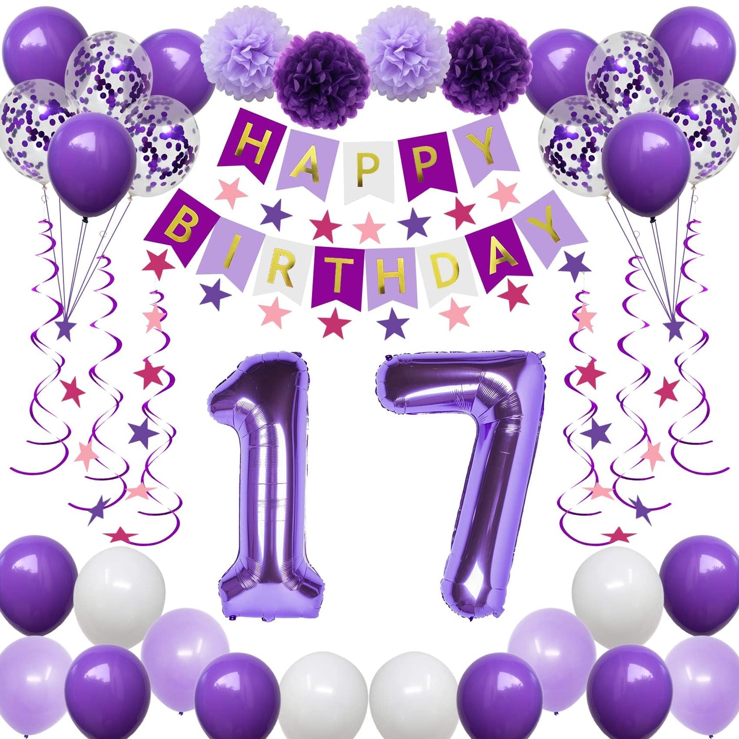 Naninuneno 17Th Birthday Decorations For Girls, Purple 17 Happy Birthday Balloons Supplies Including Purple Happy Birthday Banne