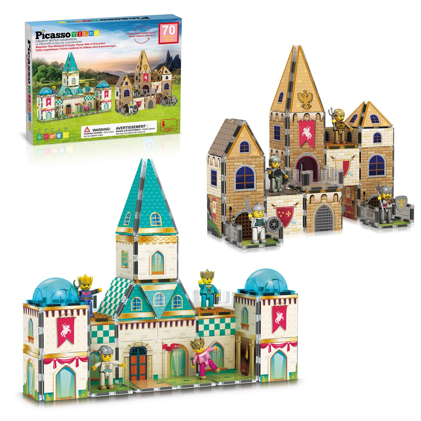 Picassotiles 70Pc Middle Age Medieval And Castle Theme Tile 2In1 8 Character Action Figures Magnet Tiles Building Block Pretend