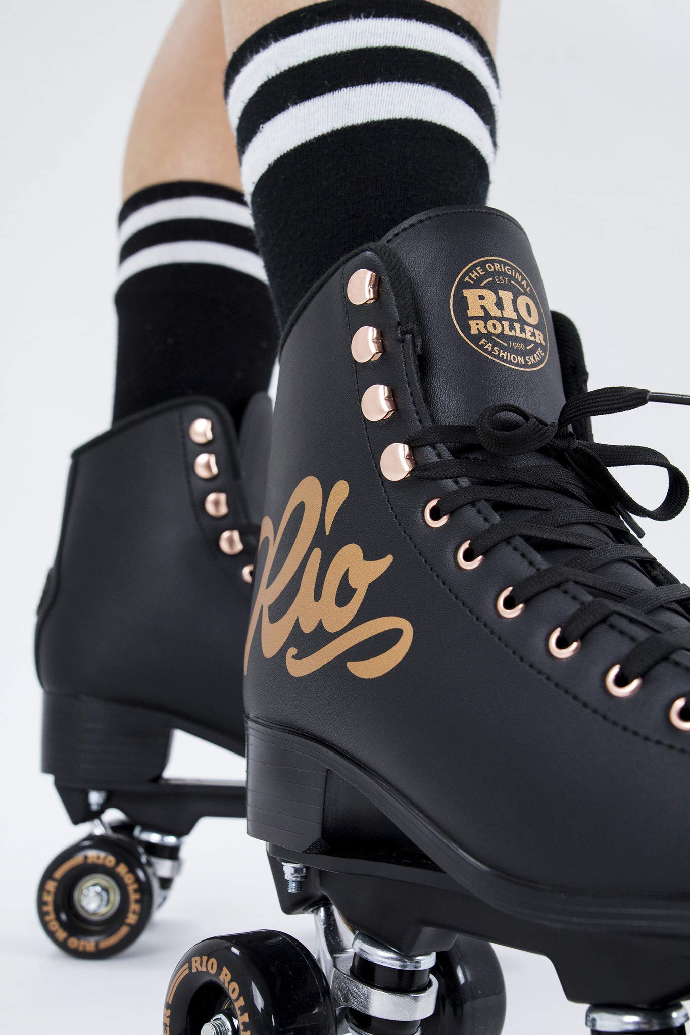Rio Roller Rose Roller Skates - Unisex Indoor/Outdoor Quad Roller Skates For Women And Men (Mens 7 / Ladies 8, Black/Rose Gold)