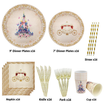 Aibiin 112 Pcs Princess Party Plates Princess Birthday Decorations Once Upon A Time Castle Princess Party Tableware Set Purple F