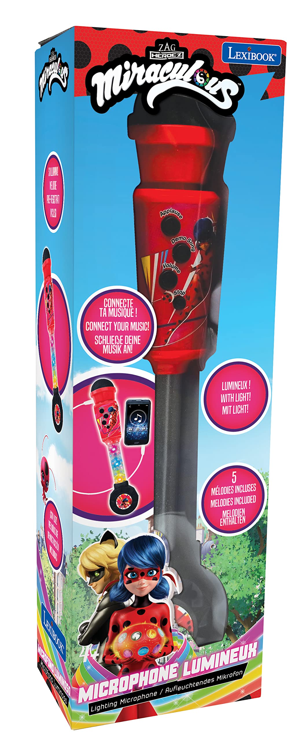 Lexibook Miraculous, Lighting Microphone For Children, Musical Toy Game, Built-In Speaker, Light Effects, Aux-In Cable Plug, Red