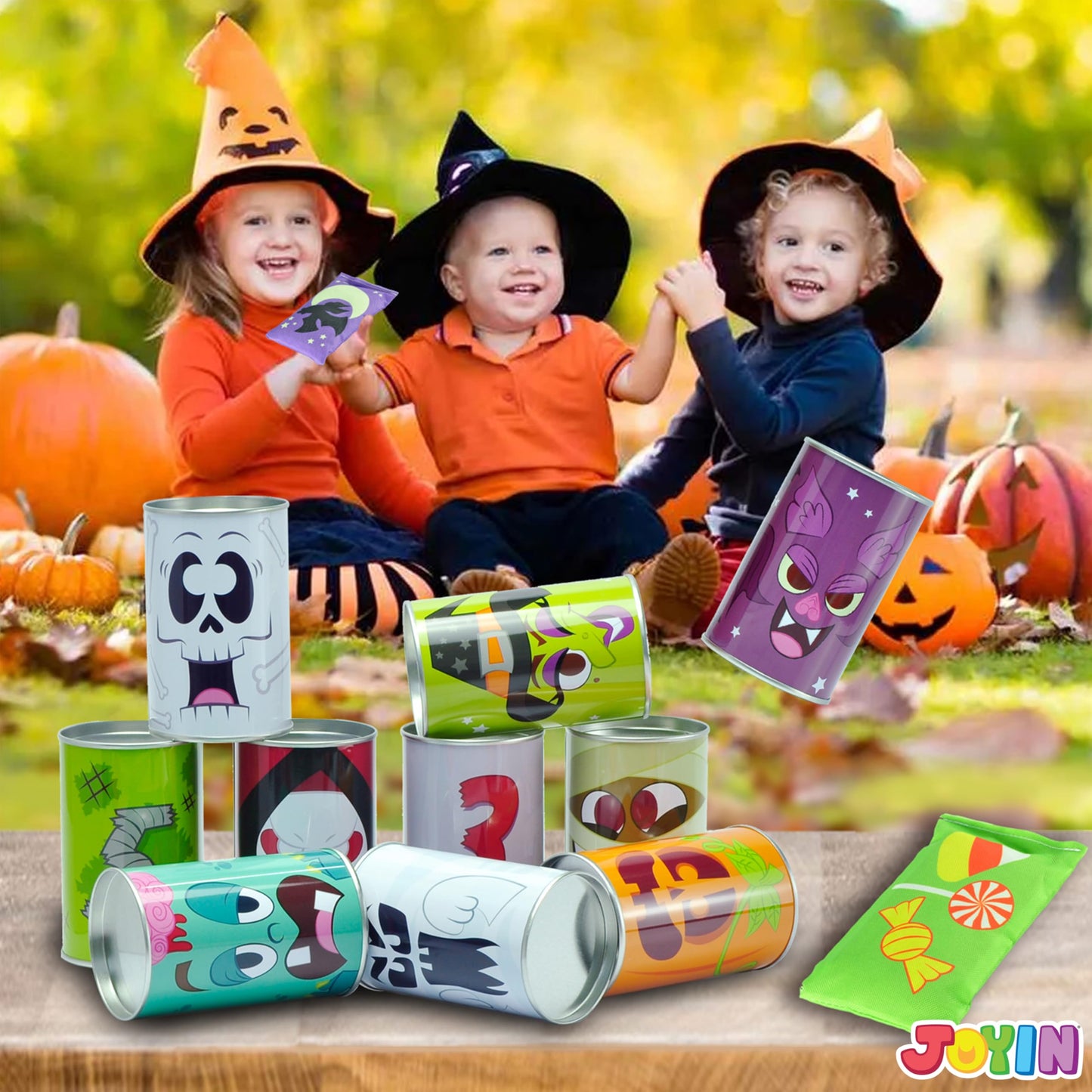 Joyin 13 Pcs Halloween Carnival Bean Bag Toss Game Set With 10 Tin Cans And 3 Bean Bag For Holiday, Birthday Party