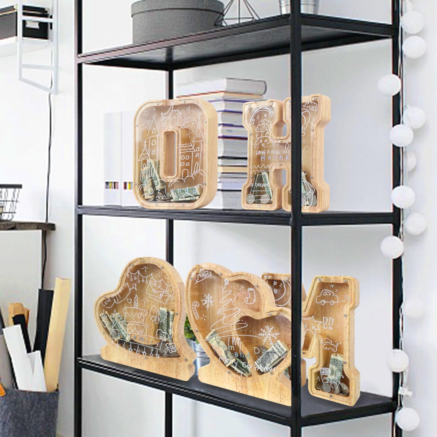 weallbuy Large Letter Piggy Bank for Kids Boys Girls Wooden Personalized Piggy Banks A-Z with Target Area Clear Alphabet Banknote Coin Banks for Gift Decoration Baptism (R)