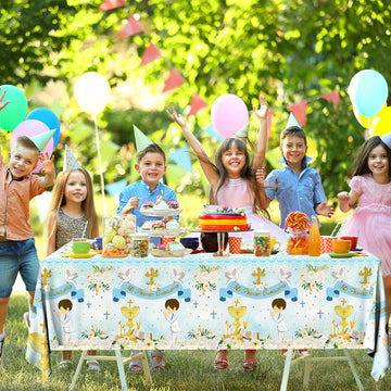 Gupesxu First Communion Decorations-Mi Primera Comunion Tablecloth,3Pcs Blue Baptism Table Covers For Boy Newborn Baby Shower Ta