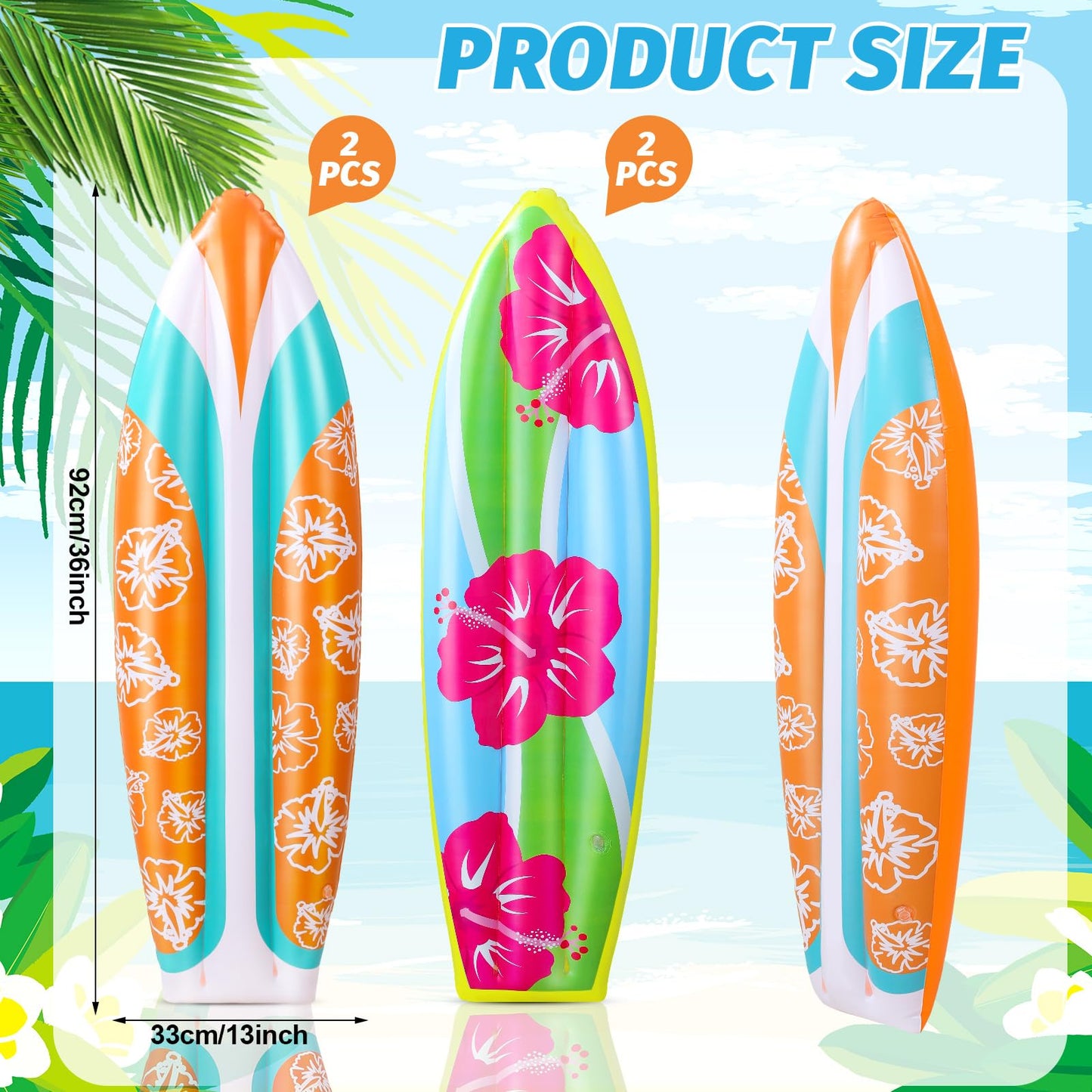 JellyArch 4 Pcs Inflatable Surf Board 36 Inch Inflatable Pool Floats Luau Hawaiian Party Decorations Tropical Flower Blow up Sur