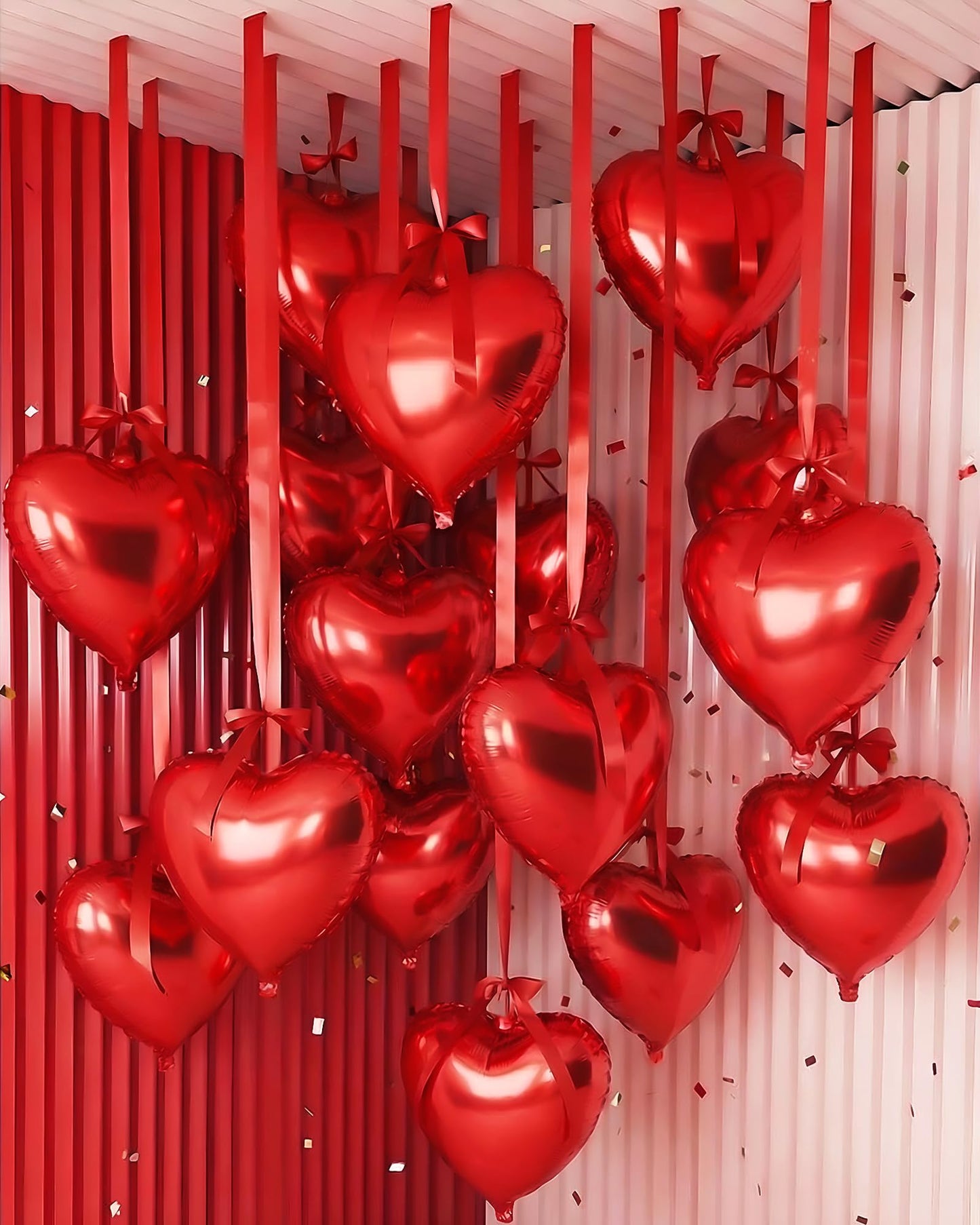 Jenaai 30 Sets Valentine Heart Foil Balloons Bulk, 30 18 Heart Balloons, 30 Satin Bows for Balloon and 2 Pcs Ribbons, Love Foil