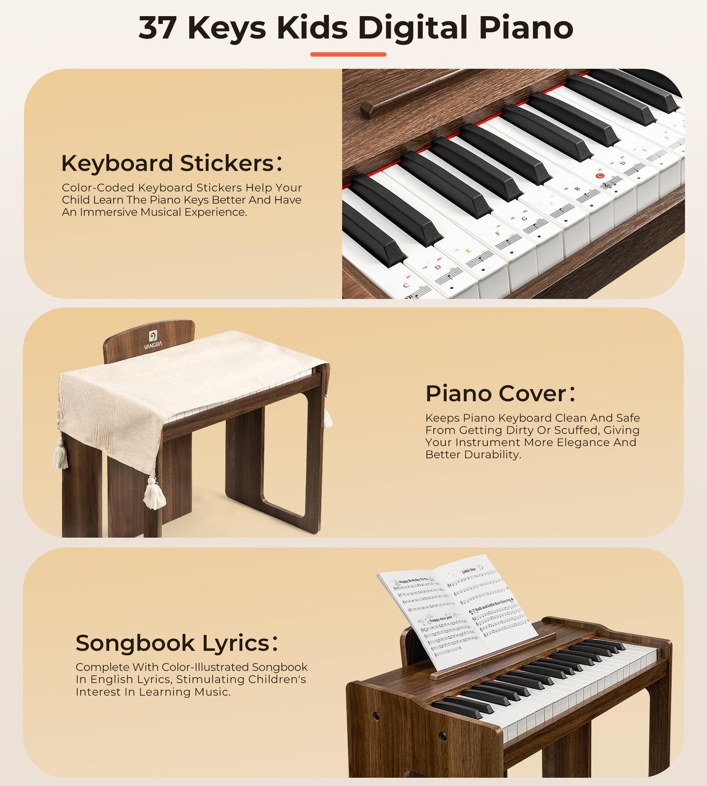 Vangoa Kids Piano Keyboard, 37 Keys Digital Piano for Kids, Music Educational Instrument Toy, Wood Piano for Girls and Boys, Dar