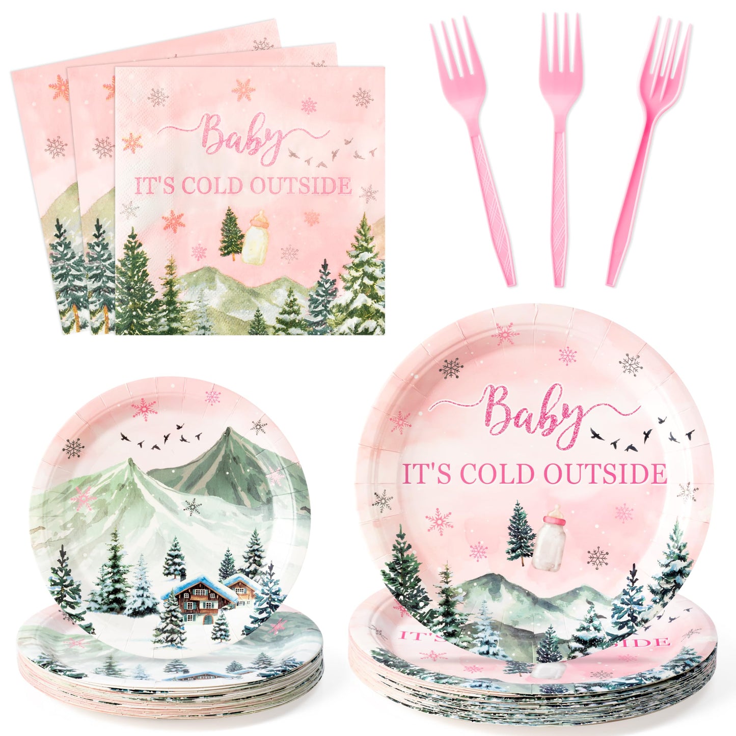 G1ngtar Baby Its Cold Outside Party Plates Supplies - Serves 24-96Pcs Winter Wonderland Tableware Decoration Snowflake Disposab