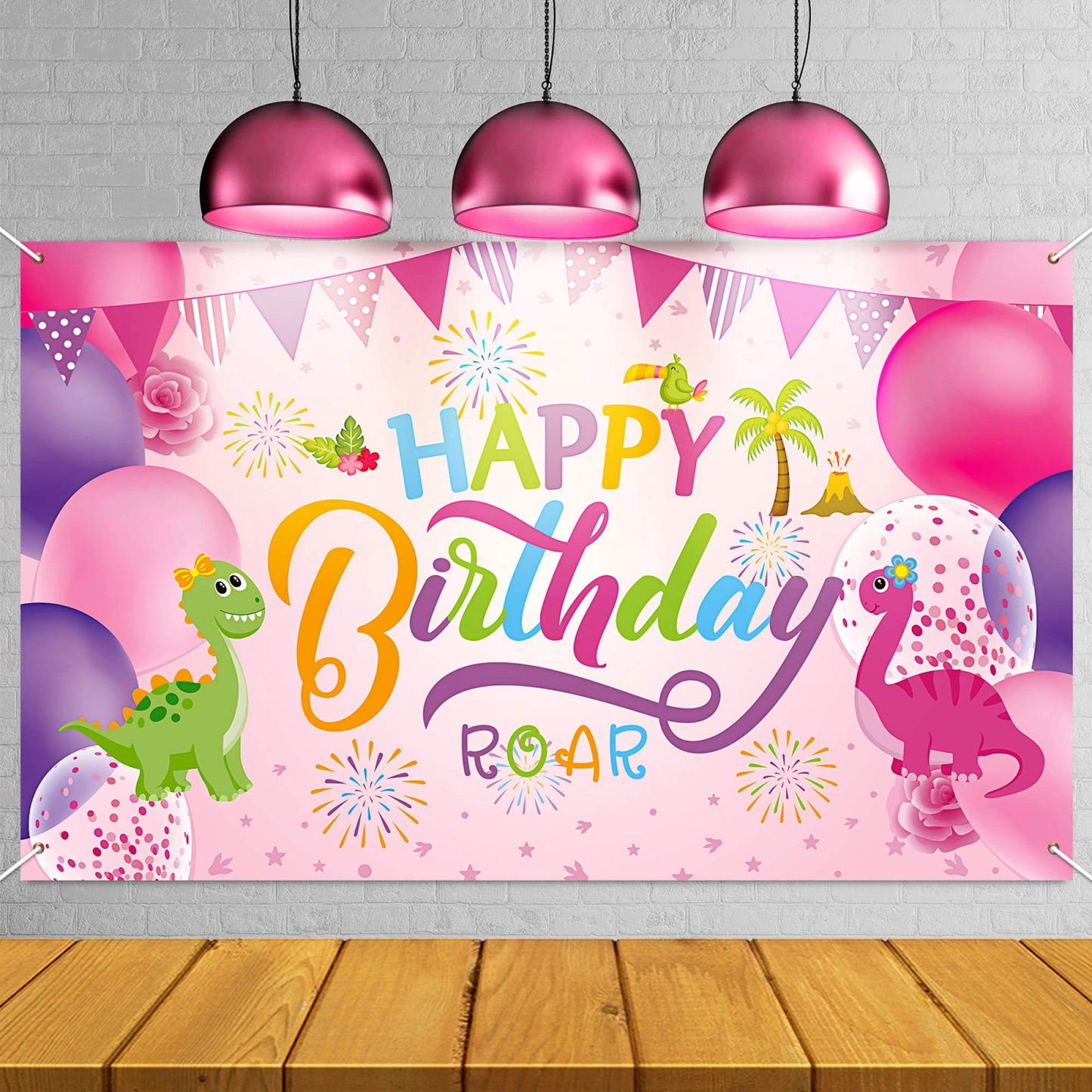 Sumind Dinosaur Happy Birthday Backdrop, Dinosaur Party Background Boy/Girl Gaming Banner For Decoration, Baby Showers And Photo Prop (Pink)