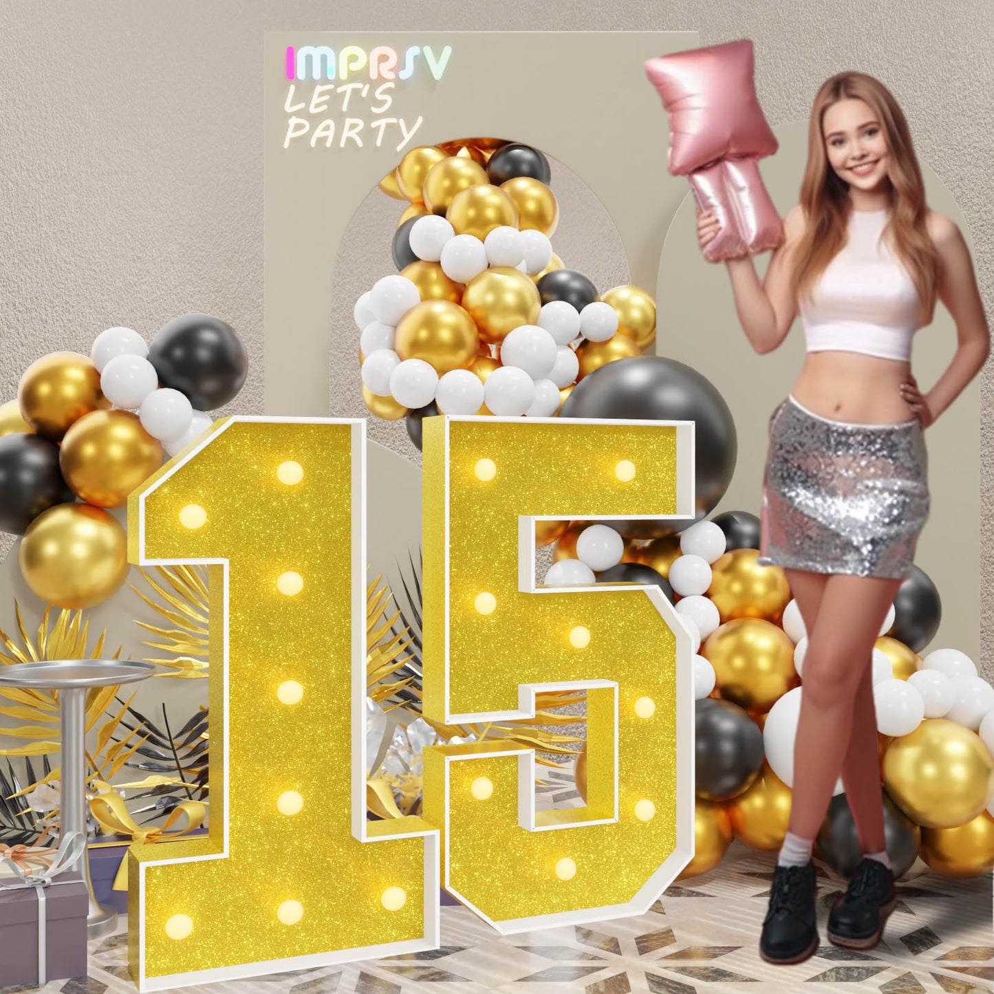 Imprsv 3Ft Gold 15Th-Birthday Decorations Numbers: 15Th Birthday Party Anniversary Decorations Large Light Up Numbers 15 For Gir