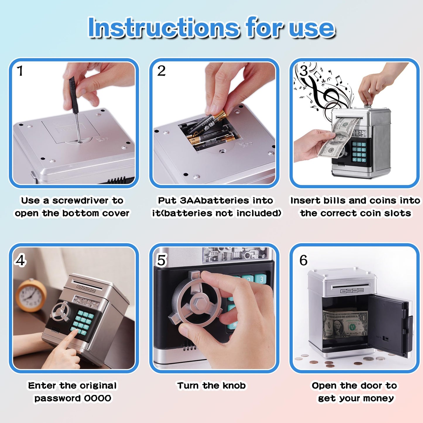 EVTHSU Silver Electronic ATM Safe Piggy Bank for Kids - Real Money Savings Coin Bank with Code Lock & Password, Gift Money Box f