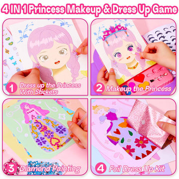 iGetooy 4-in-1 Dress Up Game Set - Princess Fantasy Makeup Kit, Pretty Princess Game, Girls Toy Kit with Diamond Painting & Dres