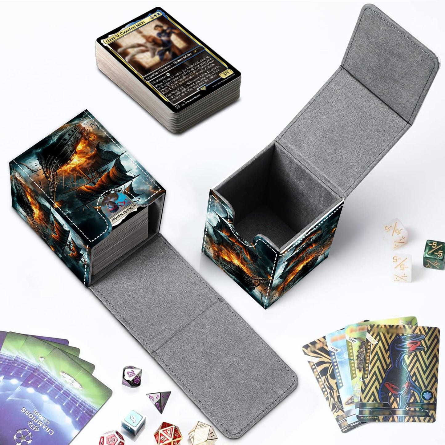 CAPAUNVDA Card Deck Box for MTG Commander Trading Cards with Magnetic Closure enhanced Card Storage Box Case Cover for MTG TCG CCG Magic Cards Pirate Ship Fire