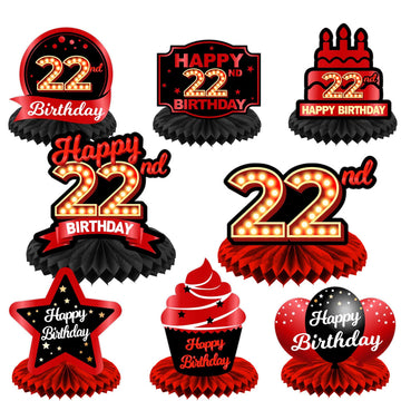 Happy 22Nd Birthday Red And Black Table Honeycomb Centerpieces Balloons Theme Decor Table Decorations Table Toppers For Girls Women Princess 22 Years Old Birthday Party Bday Supplies Background Gold
