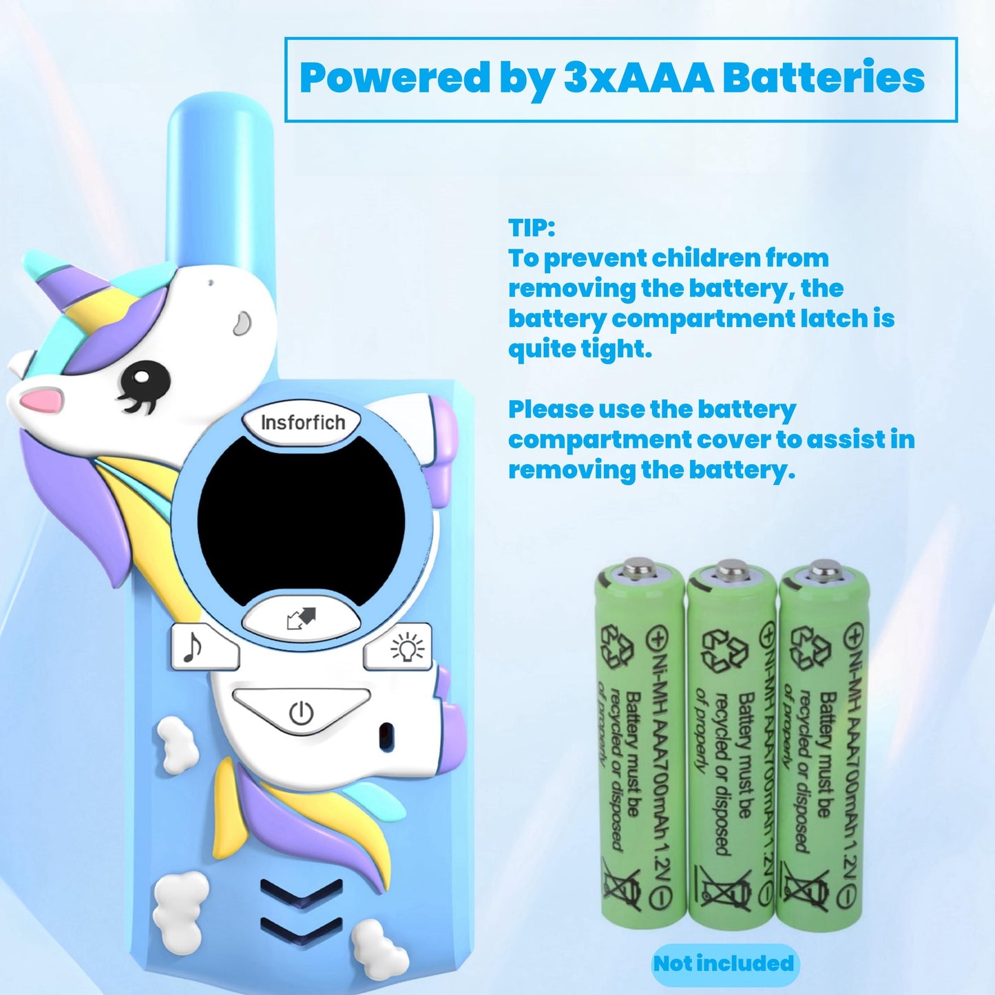 Insforfich Unicorn Walkie Talkies for Kids - 2 Way Radio Toy, 3 Channels, 2 Miles Range, Blue, Perfect Gift for Ages 3-9, Outdoor Fun