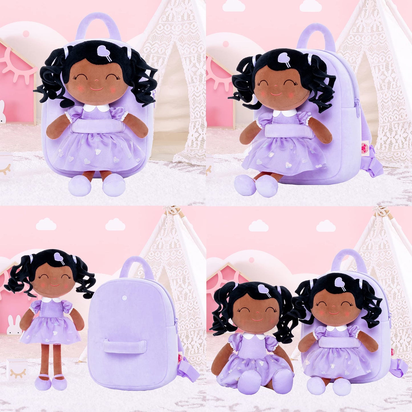 Gloveleya Toddler Backpack Baby Girl Gift Plush Bag Diaper Bag With Spring Girl Doll Curly Hair Girl Toys With Love Brown Purple 9 Inches