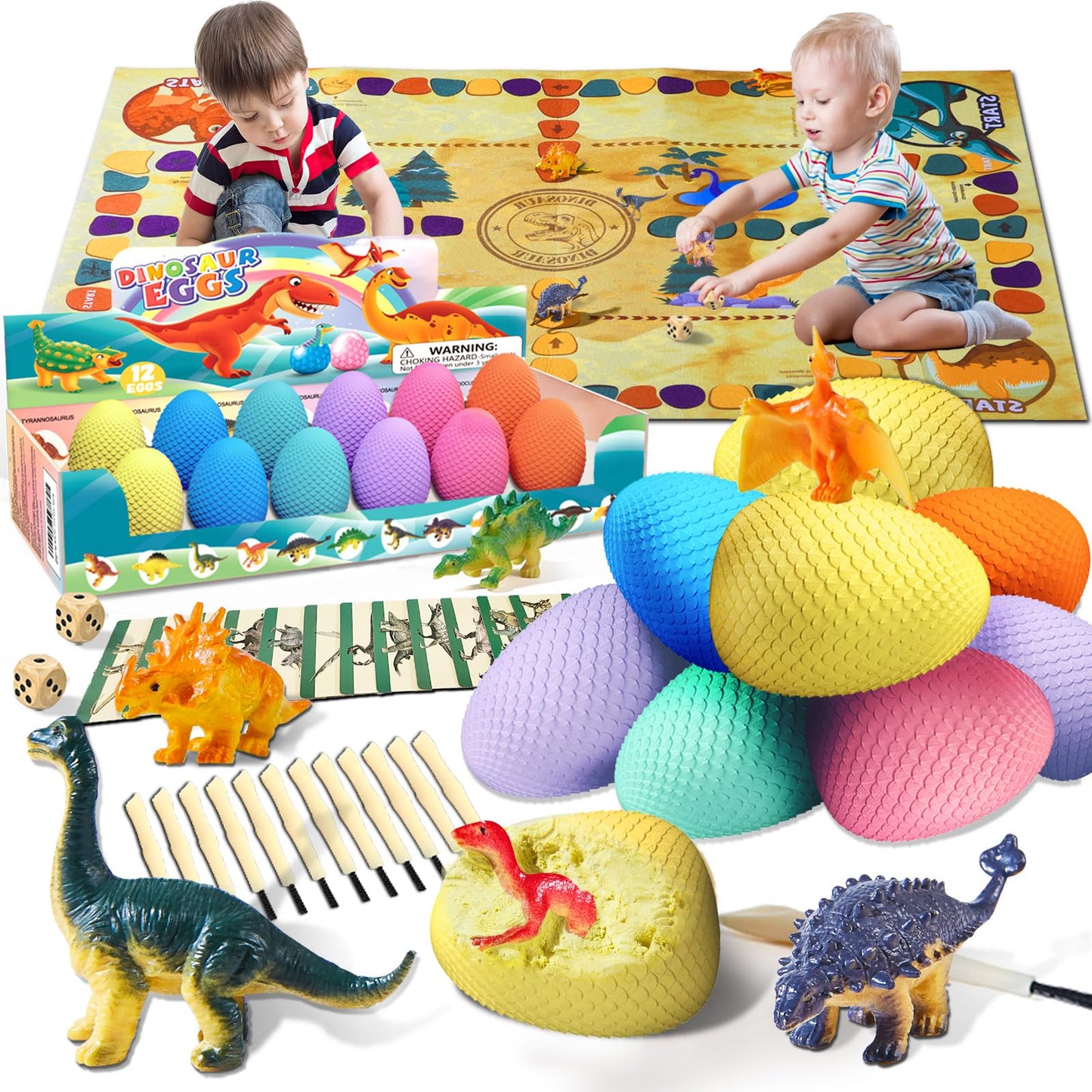 Dinosaur Eggs Dig Kit Toys - 12 Dino Fossil Eggs Excavation Kit W Play Mat For Kids Easter Party Favor Basket Stuffers Stem Toy