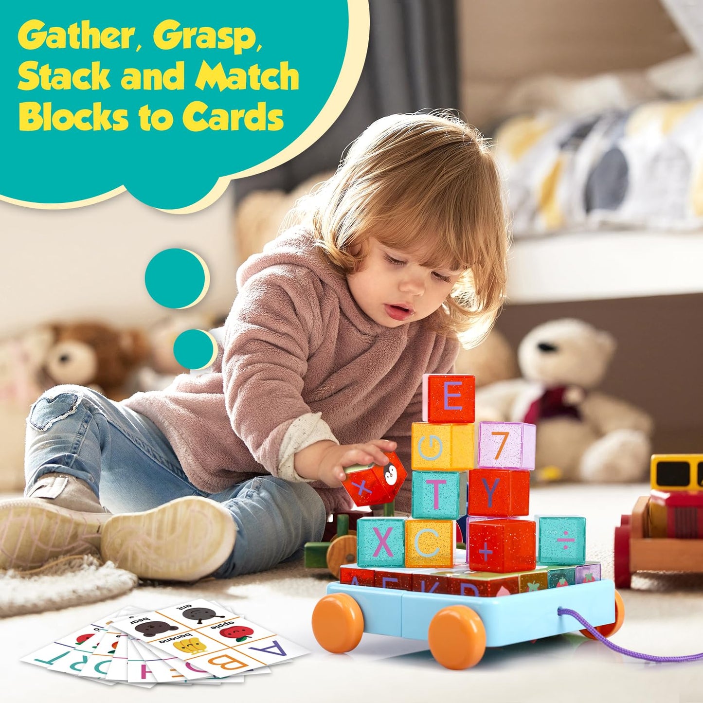 HOPANDOS 56PCS Building Blocks Alphabet & Number Stacking Blocks for Toddlers with Storage Pull Toy Car & ABC Cards Preschool Early Learning & Educational Toys Baby Kids Birthday STEM Toys 3 4 5 6