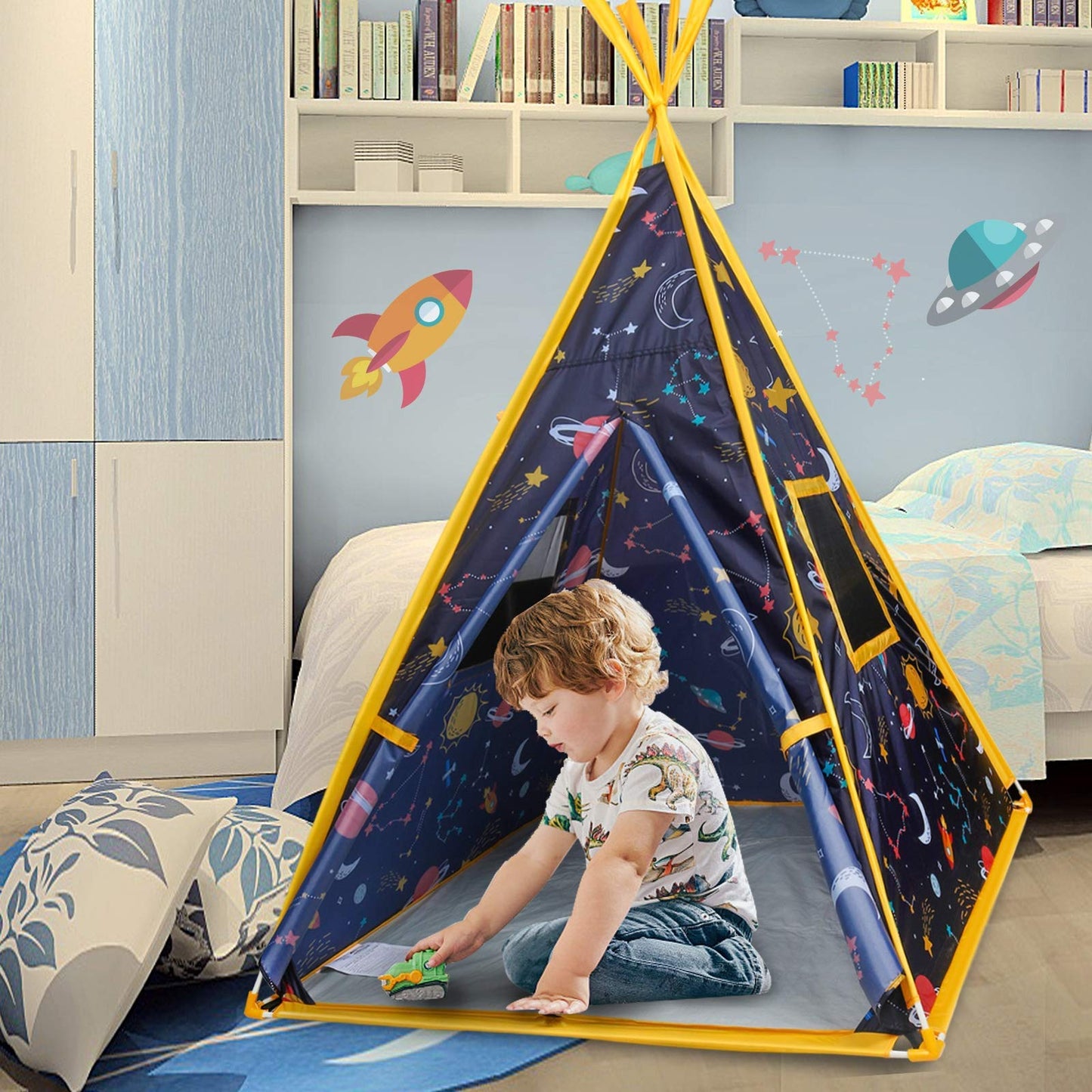 Mountrhino Kids Teepee Tent -44”X44”X61” Large Happy Hut Galaxy Space Kids Tent, Indoor Outdoor Playhouse Tents For Boys And Girls,Kids Indian Teepee Play Tent,Perfect Kid’S Gift