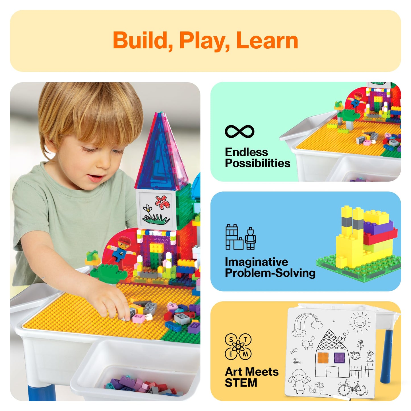 Picassotiles 585Pc Kids Activity Table With Magnetic Tiles And Bricks Stem Pretend Play Learning With Reversible Brick Whiteboar