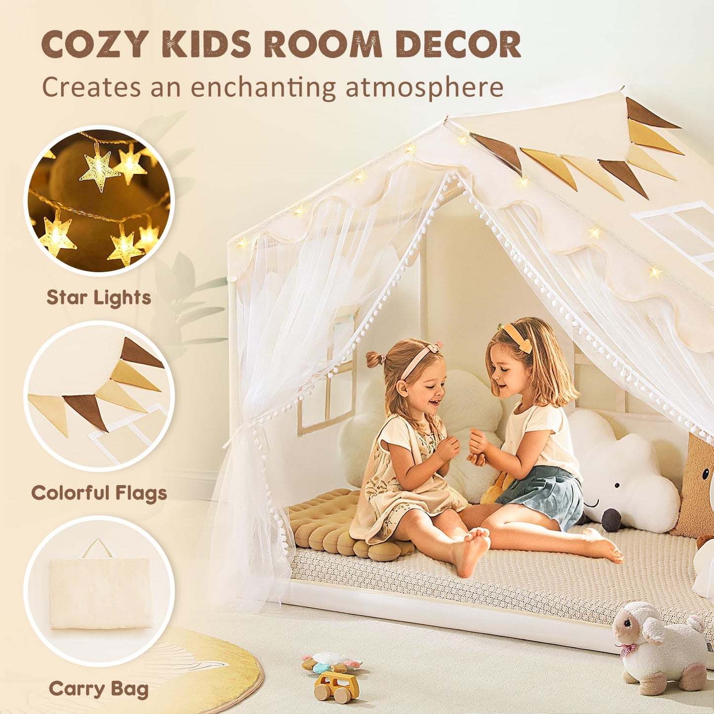 Piikago Kids Play Tent With Mat - Kids Tent Indoor With Star Lights And Flags, Toddler Tent For Kids Ages 3-8, Kids Playhouse Fo