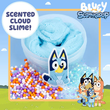 Official Bluey Slimygloop Mix'Ems, Pre-Made Cloud Slime, Bubblegum Scent, Fun Slime Add Ins Including Bluey Charm, Foam Balls, Glitter, Fidget Toy, Super Soft Non-Sticky Stress Relief Toy, Bluey Toys