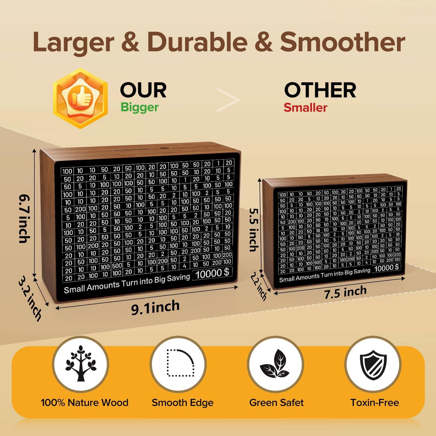 Larger Wooden Money Box For Cash 10,000 And Multiple Savings Goals Cash Vault Saving Box Challenge Piggy Bank For Kids Adults Re