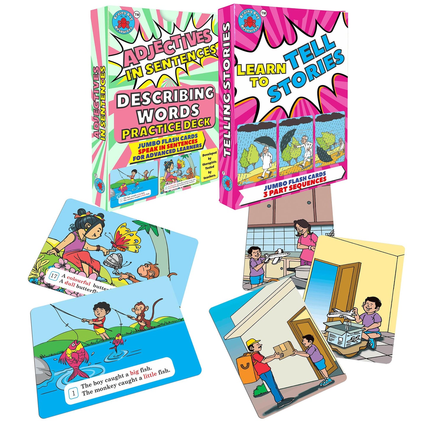 Brainy Bug Resources Flashcards With App-Enabled Audio Feature | Adjectives In Sentences & 3 Part Stories | Audio In Hindi, Engl