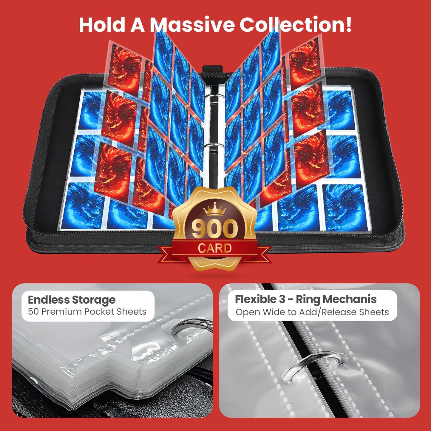 Winsing Card Binders 9 Pocket with 900 Pockets enhanced Zipper Case with 50 Removable Pages Trading Folder Album Sleeves Holder Sheets for Game and Sports Cards Gifts for Boys and Girls Red