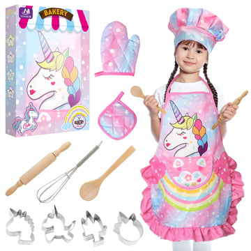 Vanmor Unicorn Kids Cooking and Baking Sets, 11Pcs Kids Aprons for Girls, Kids Chef Hat and Pink Apron, Mitt & Utensil for Toddl