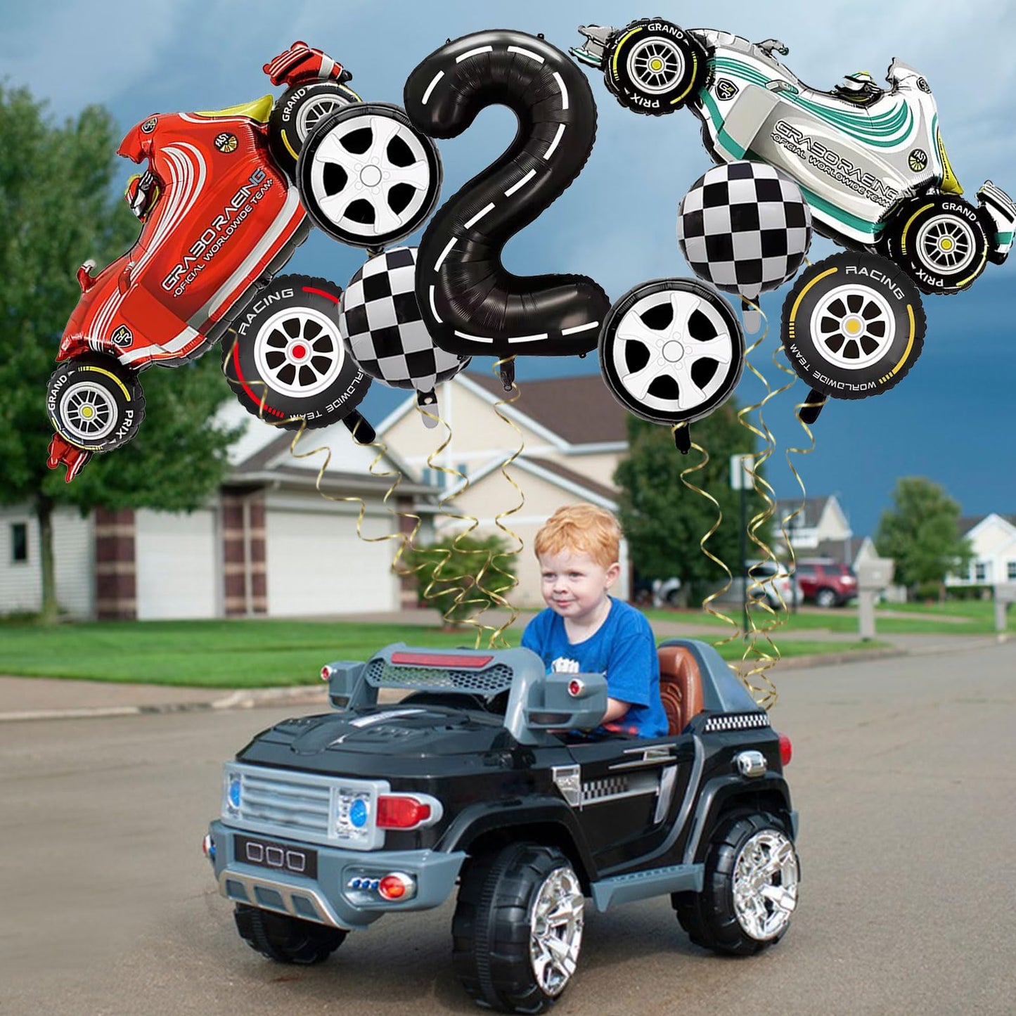 Number 2 Race Car Balloons, 43 Inch Race Car Party Decorations, Wheel Tire Balloons, Black And White Checkered Foil Balloons, Ca