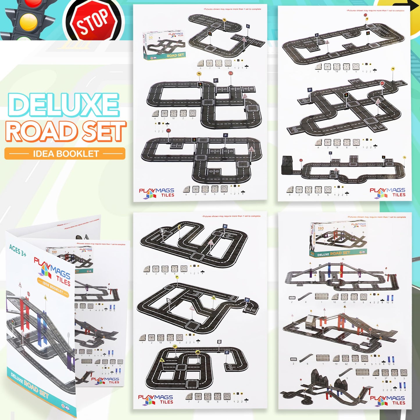 Playmags Magnetic Tiles Road Set For Kids - 130-Pieces Magnet Building Blocks Toy - Durable Creative Stem Learning Toys With Curved & Straight Car Race Track For Kids Ages 3+