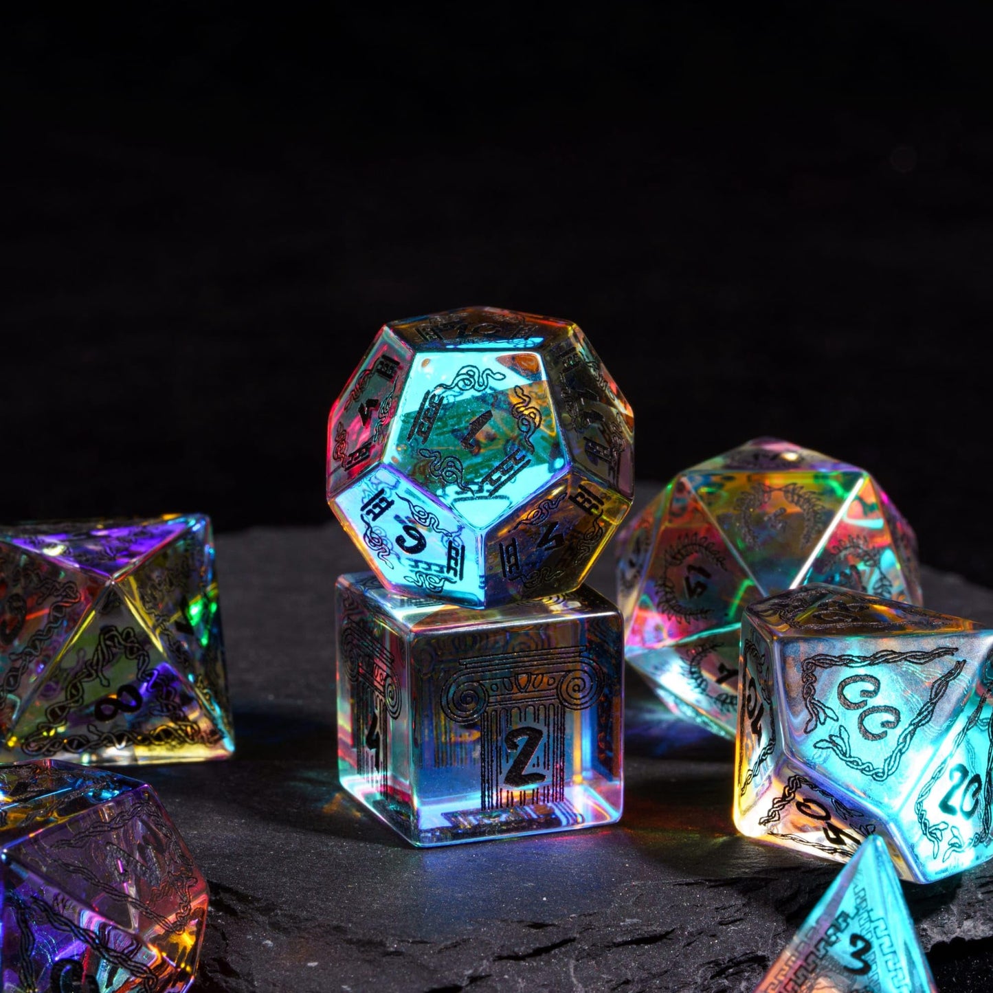 Udixi Prism Glass Dice Set 7Pcs Rainbow Glass Dnd Dice With Gift Box For Dungeons And Dragons D&D Table Games (Medusa)