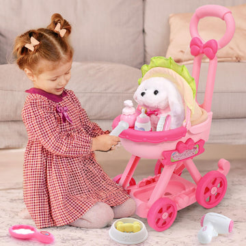 Golray Dog Toys For Kids Girls, Stroller & Electronic Interactive Stuffed Dog Plush Can Walk Bark, 10 Pcs Toddler Girl Toy Dog Puppy Pet Care Pretend Play Set, Birthday Gifts For Little Girl 3 4 5 6 7