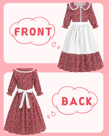 Aoiviss Girls Pioneer Costume Floral Colonial Prairie Dress for Little Kids with Apron and Bonnet, Dark Red