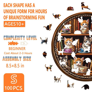 Wooden Puzzles for mature-themeds - Cat Coffee Library Puzzle Unique Shape Wooden Jigsaw Puzzle for mature-themeds Wood Puzzles mature-themed Gift for Cat Lovers Home Decor (S- 8.5 * 8.5in- 100 Pieces)