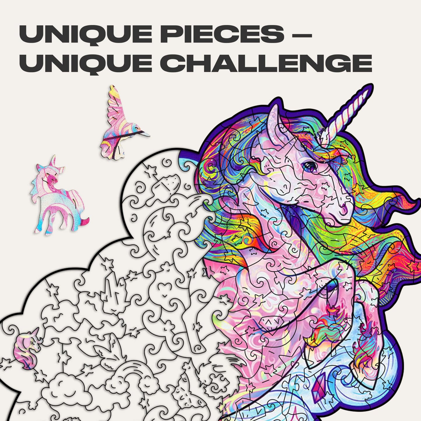 Unidragon Wooden Jigsaw Puzzles - Inspiring Unicorn, 195 Pcs, Medium 10.2'X12.6', Beautiful Gift Package, Unique Shape Best Gift For Adults And Kids