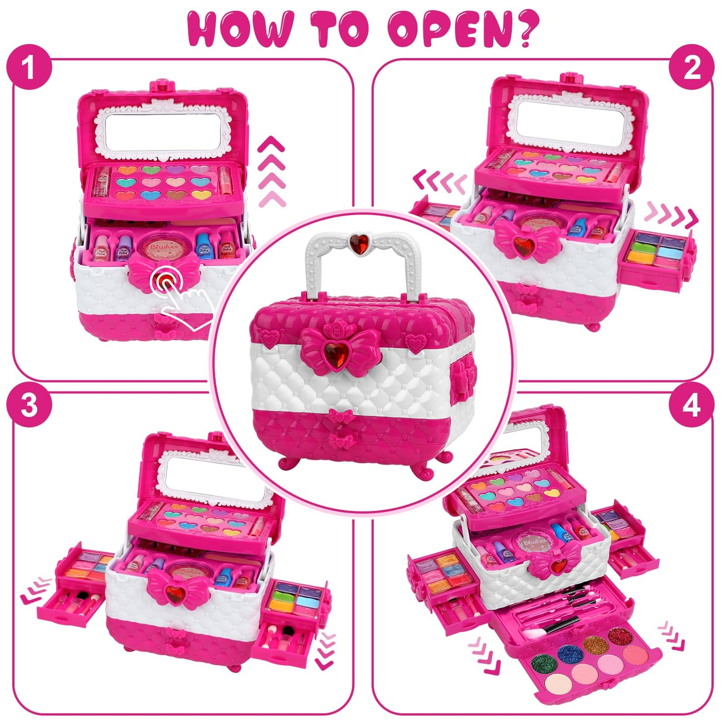 Aureyung Kids Makeup Kit for Girl, Toys for Girls Ages 3 4 5 6 7 8 9 10, 54PCS Washable Real Makeup Set, Kids Make Up, Play Make