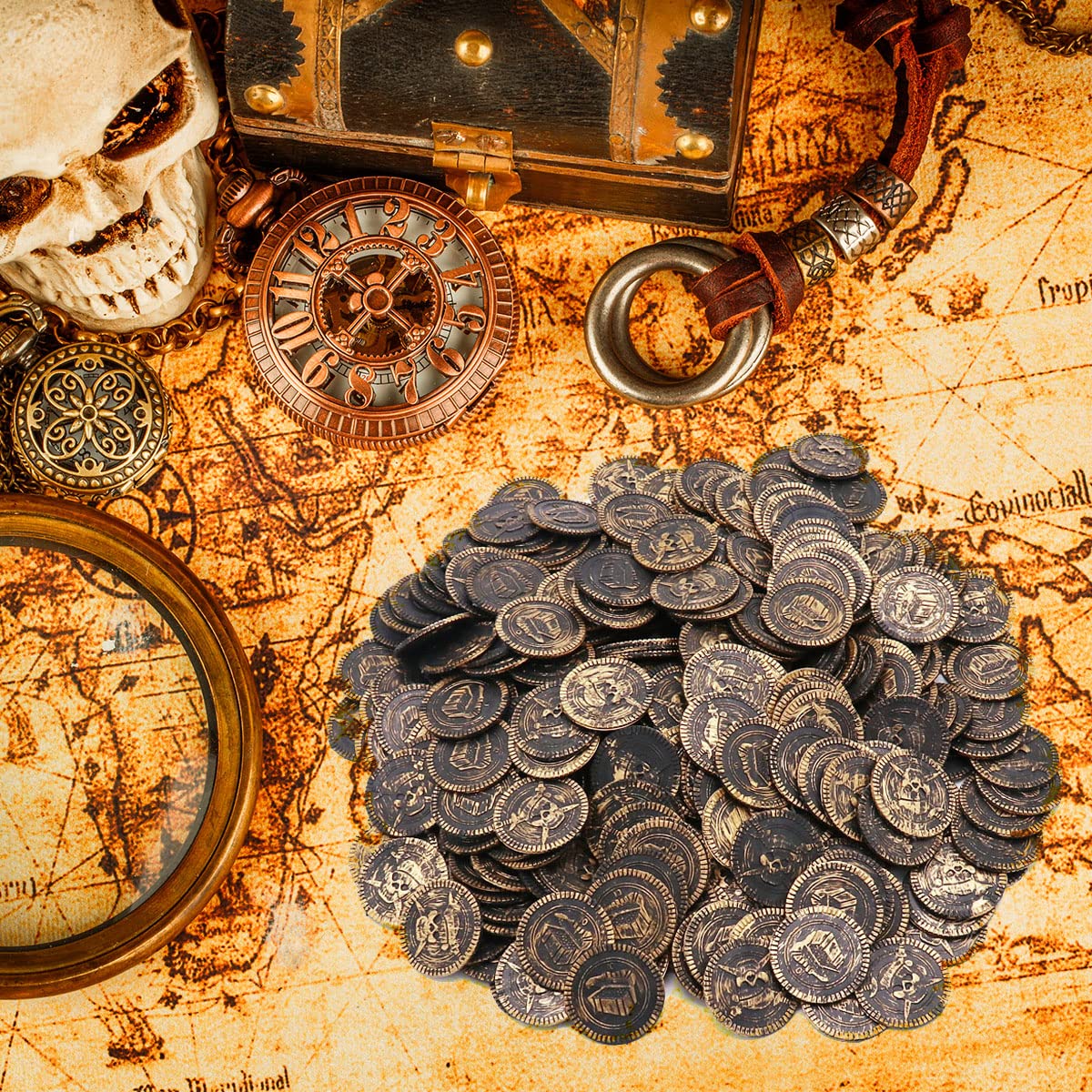 100 Pieces Plastic Pirate Gold Coins Set, Brown - Play Treasure Gold Coins for Pirate Themed Party, St. Patrick's Day, Treasure